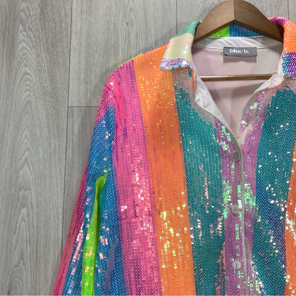 Blue b boutique brand rainbow sequin long sleeve button down top size M - Picture 3 of 8